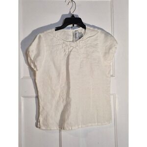 JSong Collection White 100% Linen Embroidered Lace Neckline Blouse Top Size 10